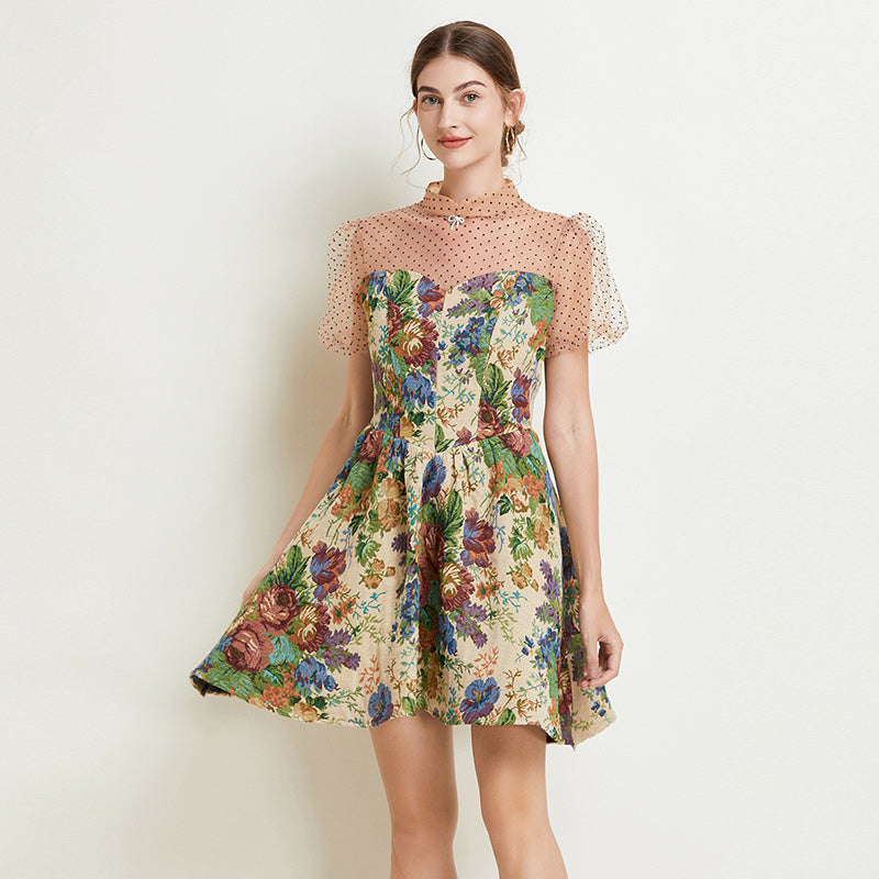 CM-DY038221 Women Elegant European Style Stand Collar Lantern Sleeve Lace Jacquard Mini Dress