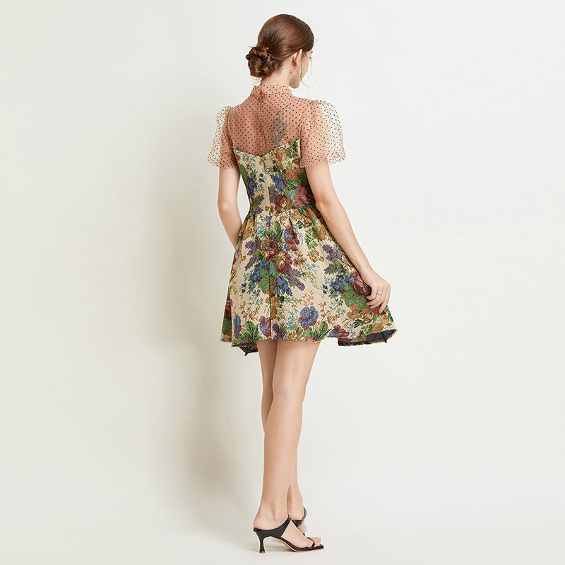 CM-DY038221 Women Elegant European Style Stand Collar Lantern Sleeve Lace Jacquard Mini Dress