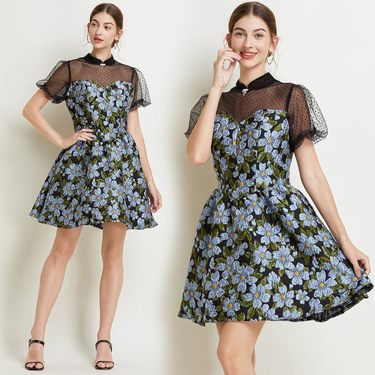CM-DY038222 Women Elegant European Style Stand Collar Lantern Sleeve Lace Jacquard Mini Dress