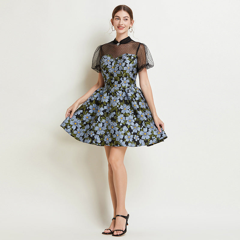CM-DY038222 Women Elegant European Style Stand Collar Lantern Sleeve Lace Jacquard Mini Dress