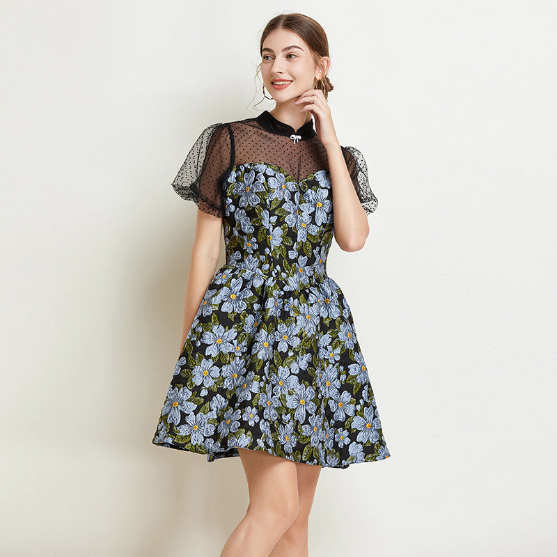 CM-DY038222 Women Elegant European Style Stand Collar Lantern Sleeve Lace Jacquard Mini Dress