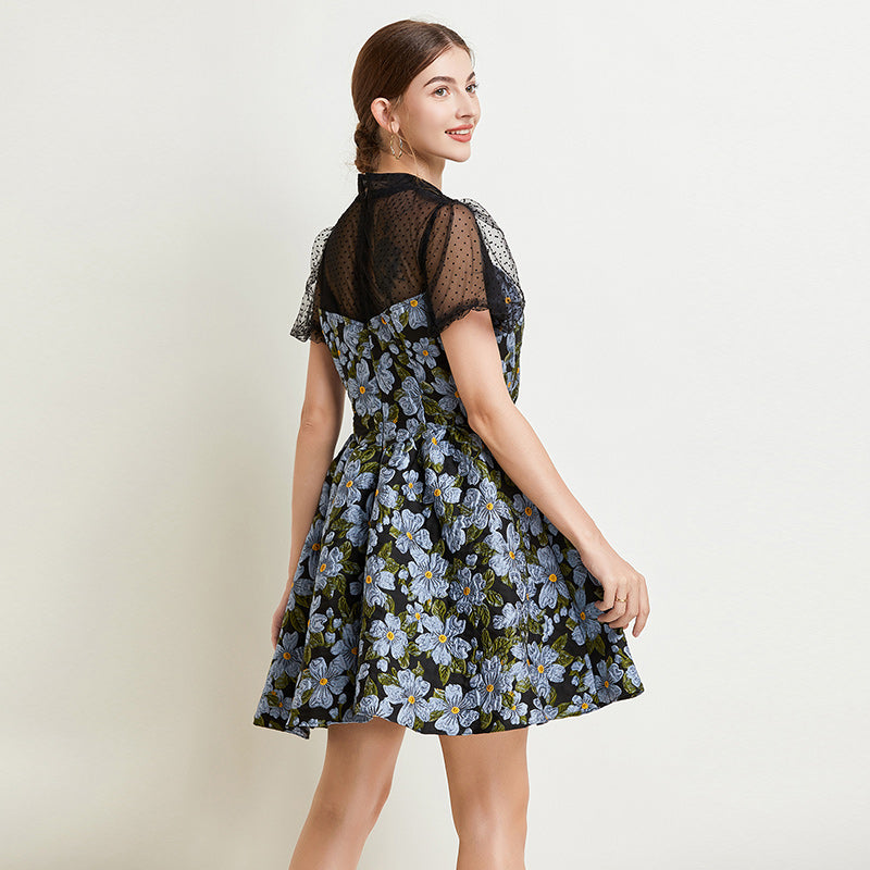 CM-DY038222 Women Elegant European Style Stand Collar Lantern Sleeve Lace Jacquard Mini Dress