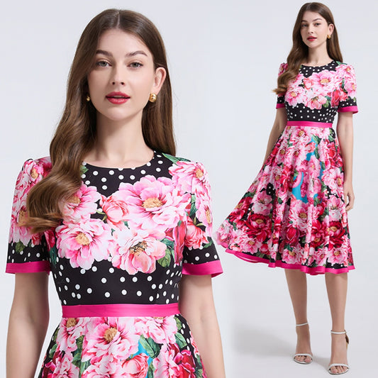 CM-DY038249 Women Elegant European Style Round Neck Short Sleeve High Waist Slim Floral Print Dress