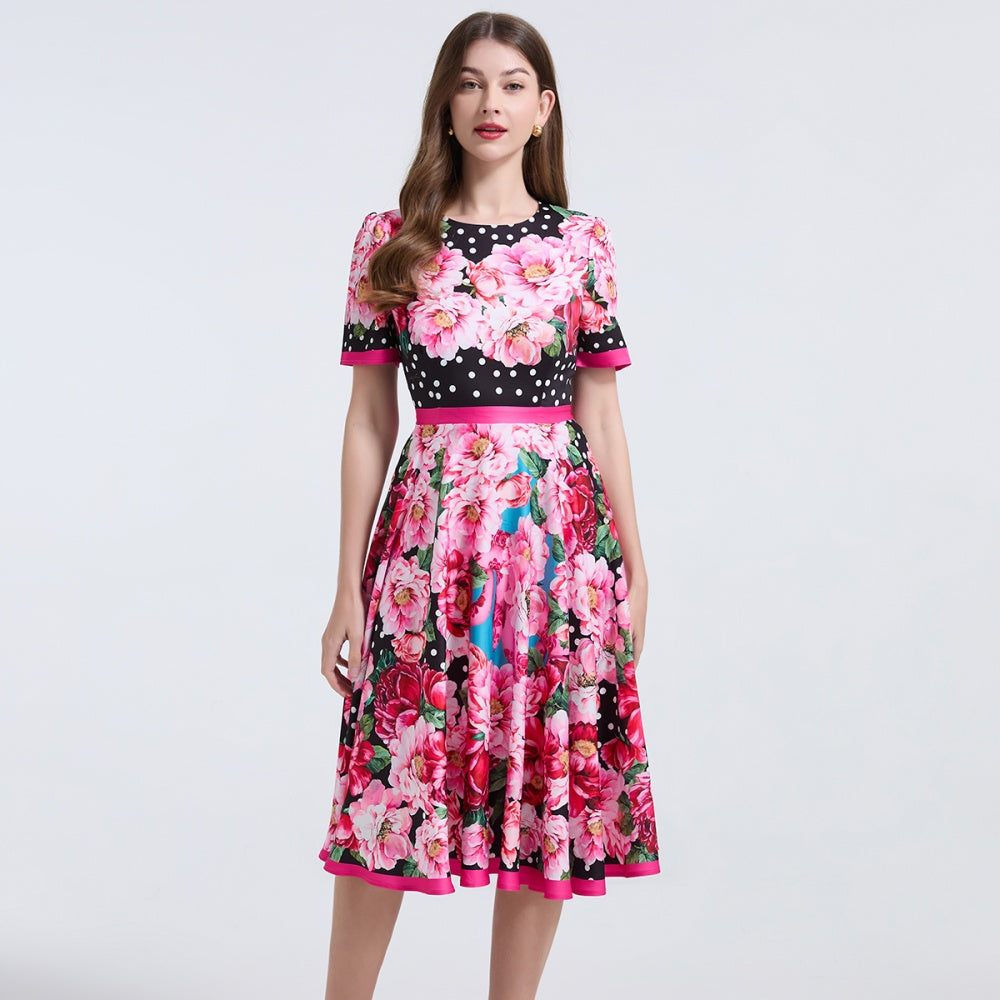CM-DY038249 Women Elegant European Style Round Neck Short Sleeve High Waist Slim Floral Print Dress
