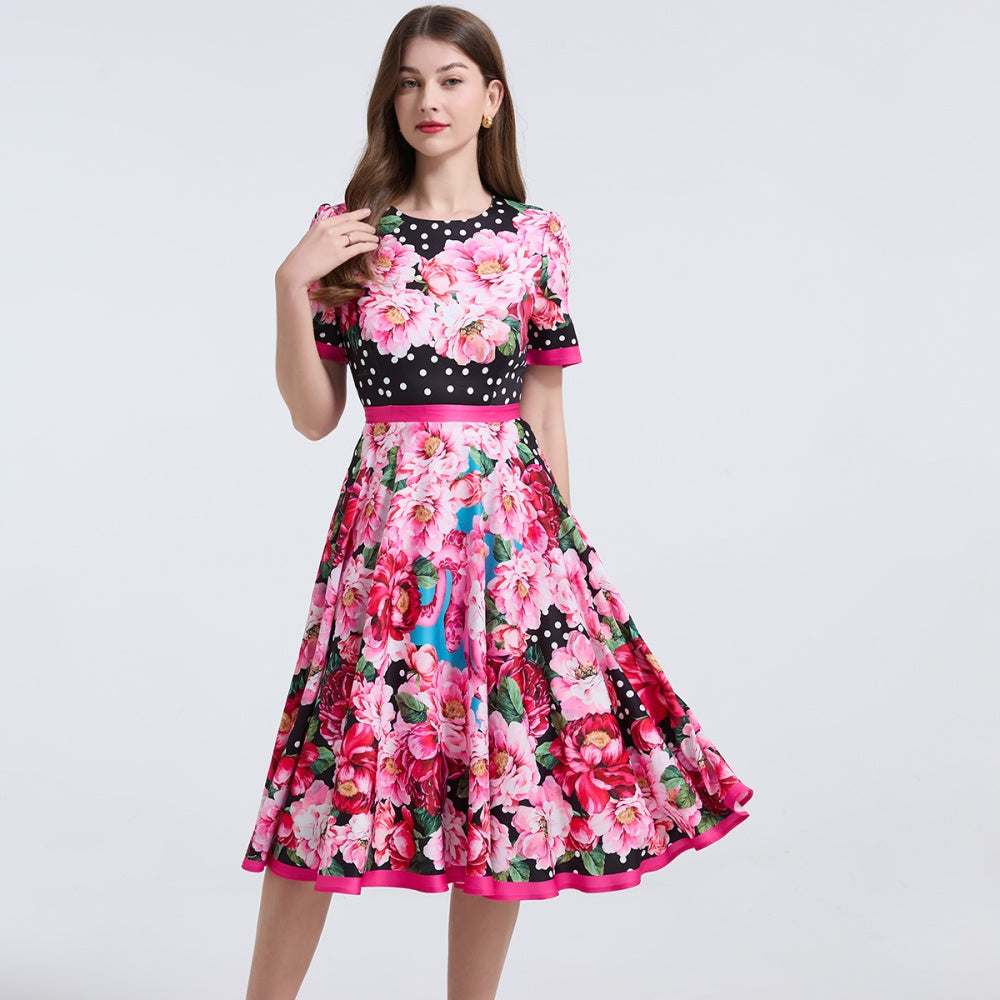 CM-DY038249 Women Elegant European Style Round Neck Short Sleeve High Waist Slim Floral Print Dress