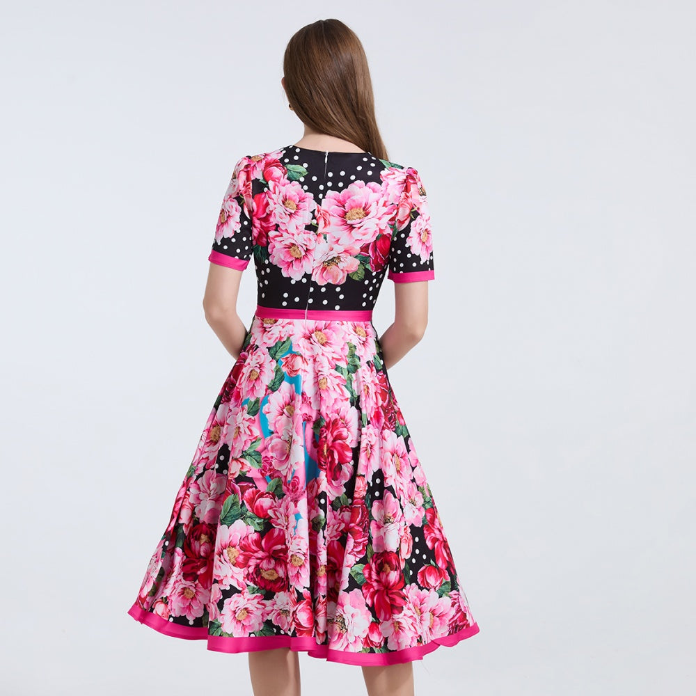 CM-DY038249 Women Elegant European Style Round Neck Short Sleeve High Waist Slim Floral Print Dress