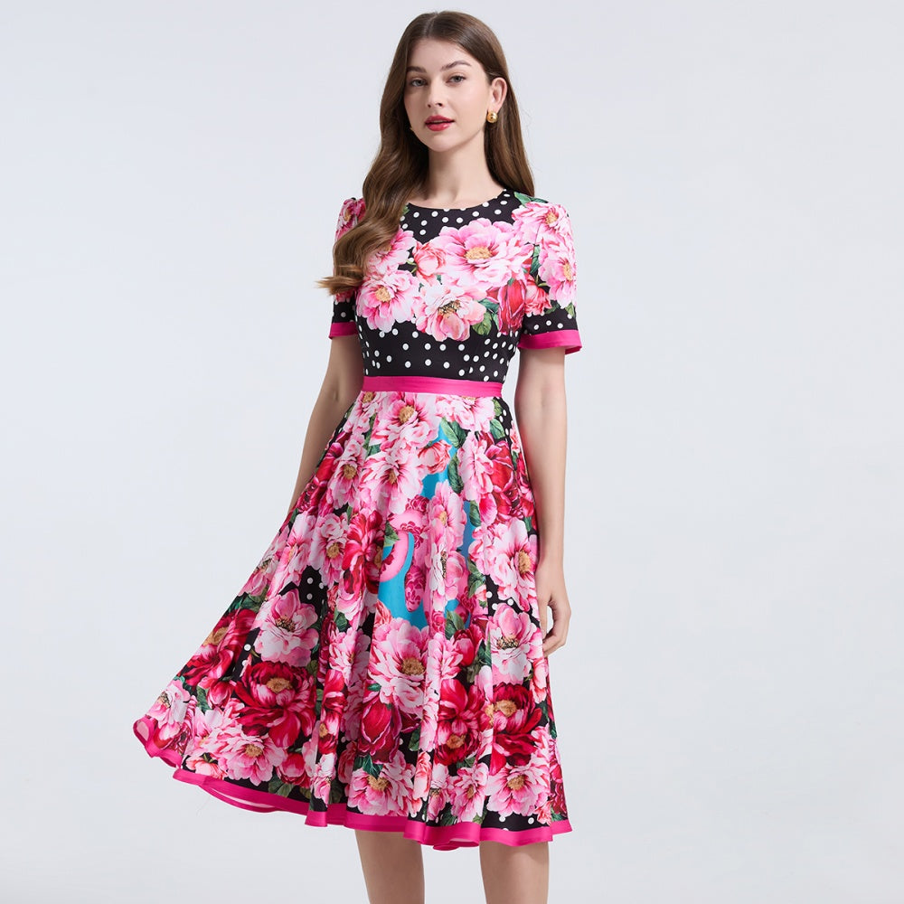 CM-DY038249 Women Elegant European Style Round Neck Short Sleeve High Waist Slim Floral Print Dress