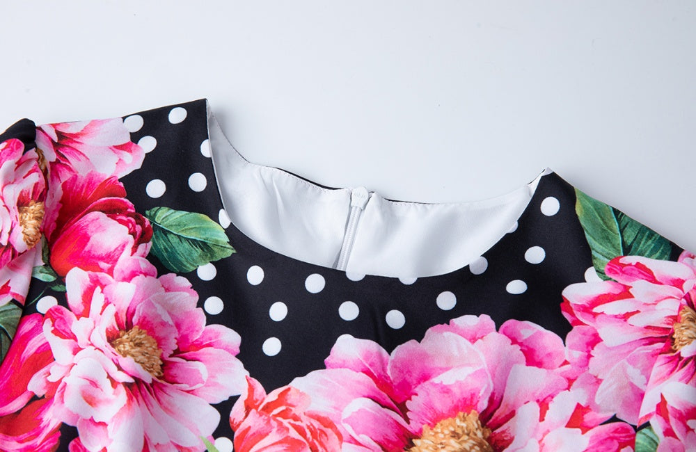 CM-DY038249 Women Elegant European Style Round Neck Short Sleeve High Waist Slim Floral Print Dress
