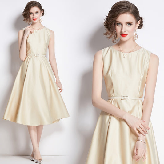 CM-DY038250 Women Elegant European Style Round Neck Sleeveless Pinched Waist Dress - Apricot