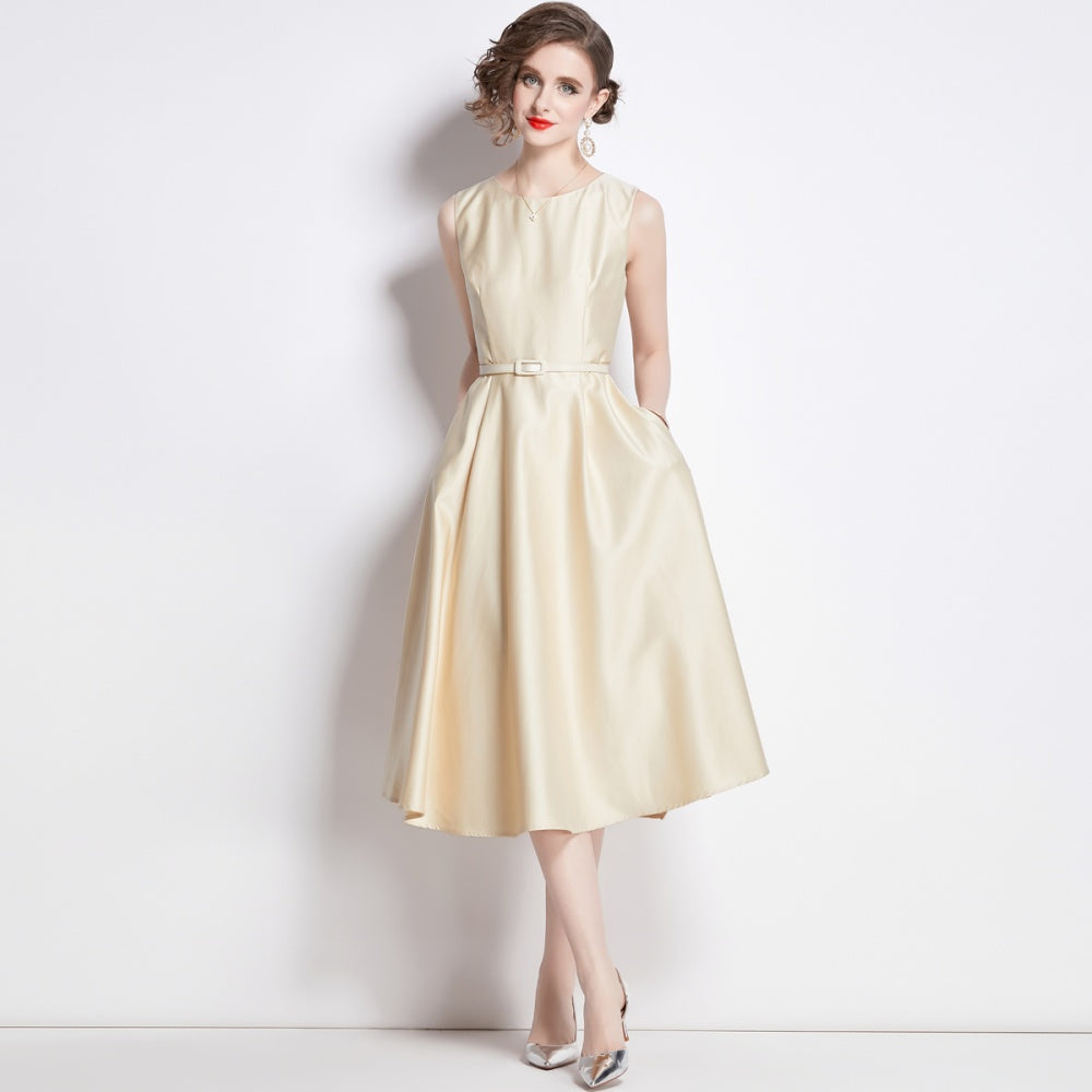 CM-DY038250 Women Elegant European Style Round Neck Sleeveless Pinched Waist Dress - Apricot