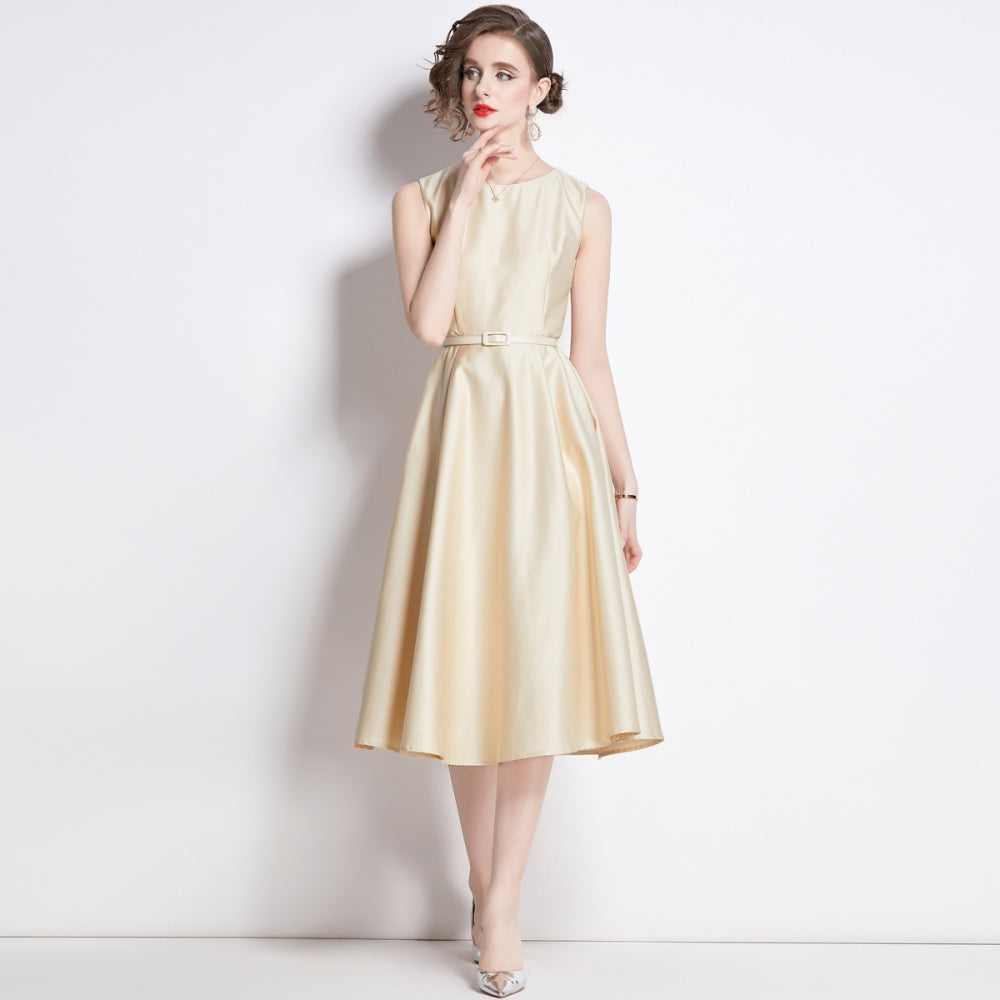 CM-DY038250 Women Elegant European Style Round Neck Sleeveless Pinched Waist Dress - Apricot