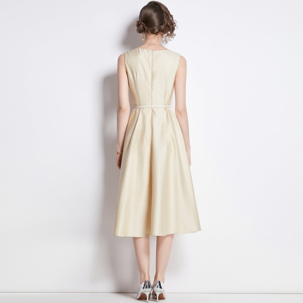 CM-DY038250 Women Elegant European Style Round Neck Sleeveless Pinched Waist Dress - Apricot
