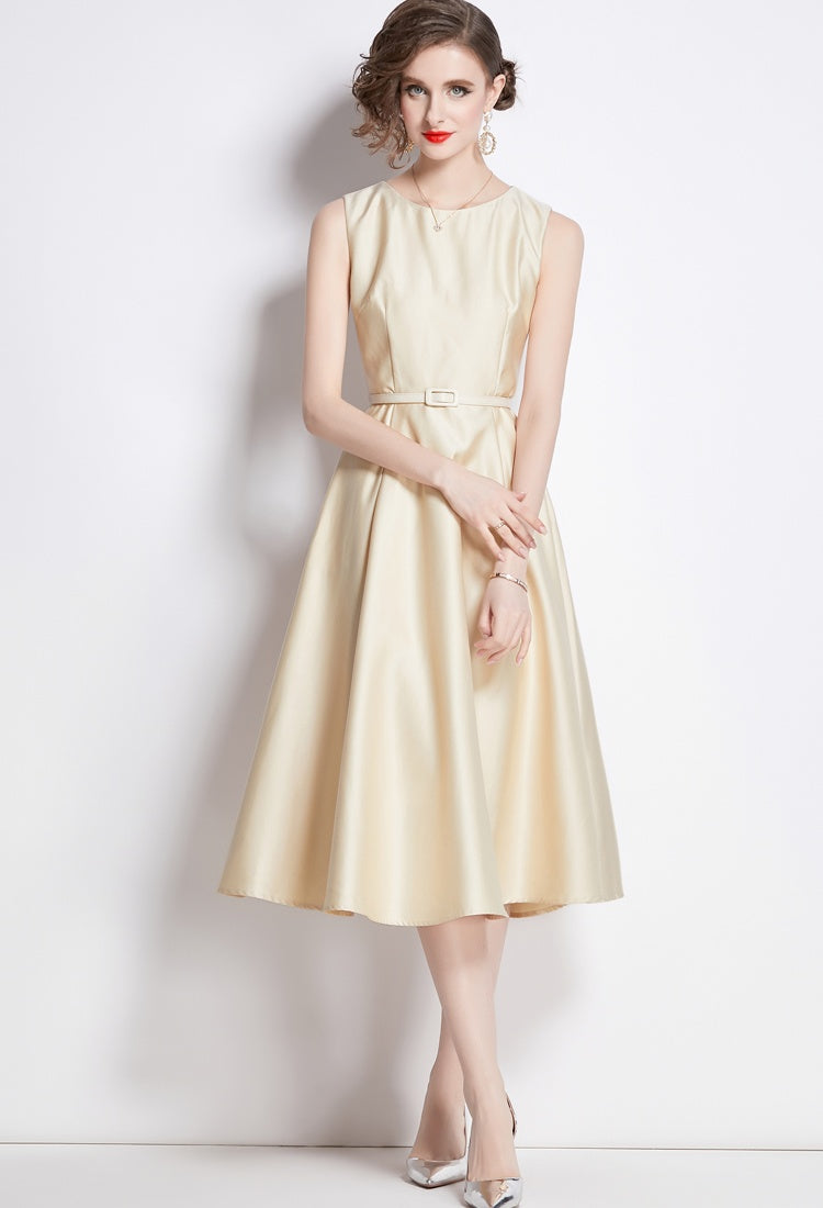 CM-DY038250 Women Elegant European Style Round Neck Sleeveless Pinched Waist Dress - Apricot
