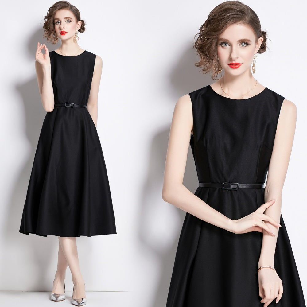 CM-DY038251 Women Elegant European Style Round Neck Sleeveless Pinched Waist Dress - Black