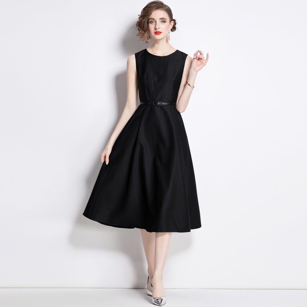 CM-DY038251 Women Elegant European Style Round Neck Sleeveless Pinched Waist Dress - Black