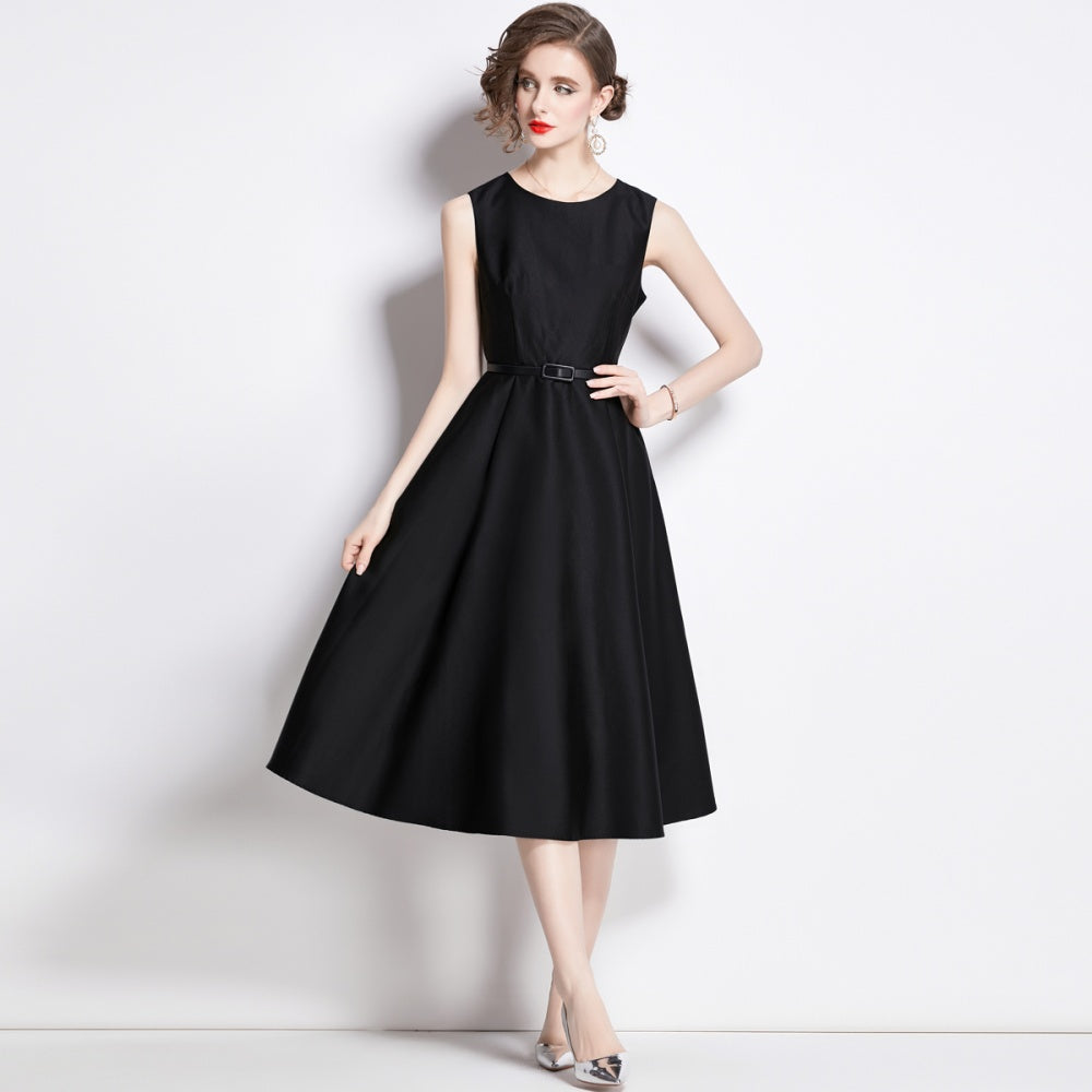 CM-DY038251 Women Elegant European Style Round Neck Sleeveless Pinched Waist Dress - Black