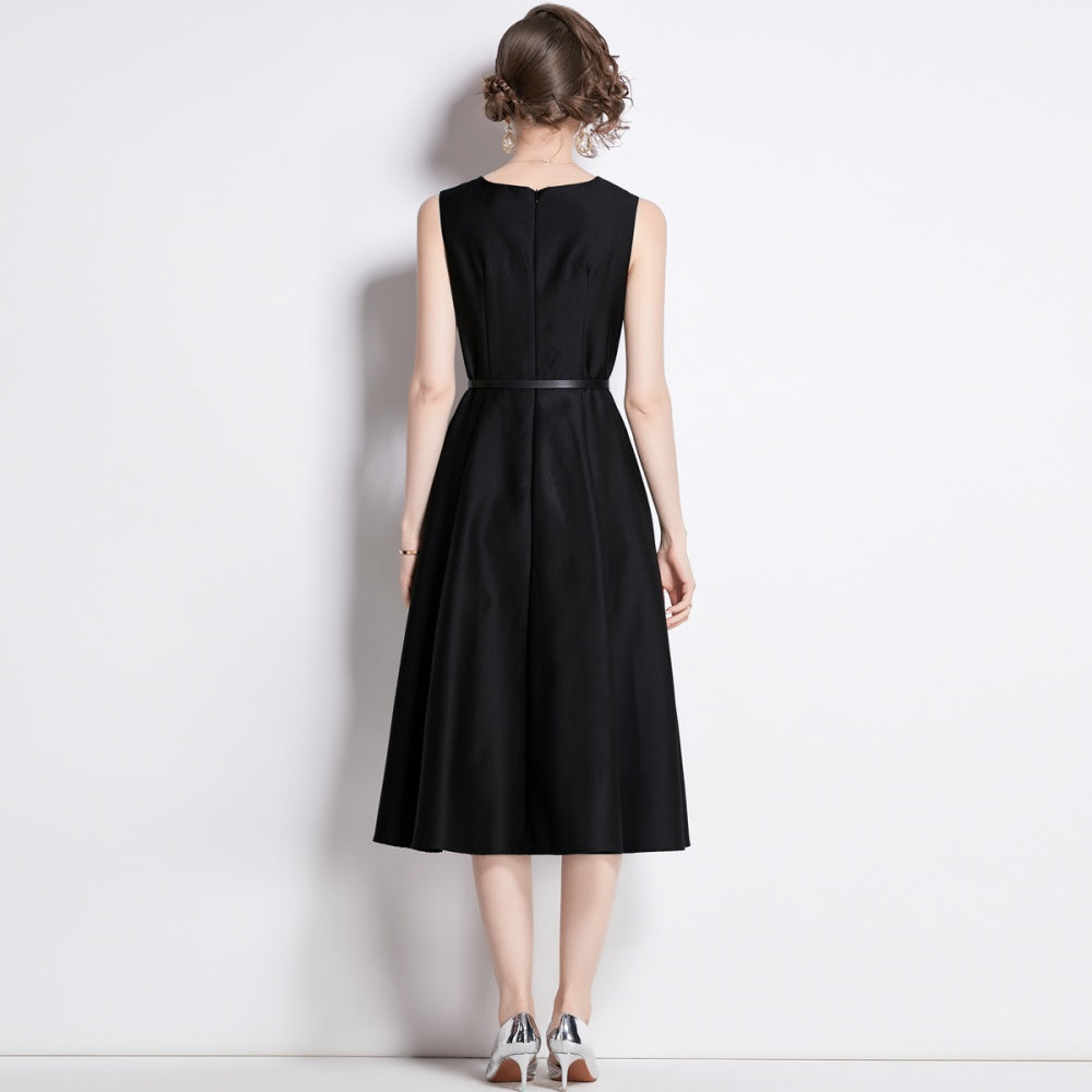 CM-DY038251 Women Elegant European Style Round Neck Sleeveless Pinched Waist Dress - Black