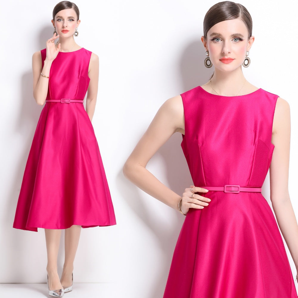 CM-DY038252 Women Elegant European Style Round Neck Sleeveless Pinched Waist Dress - Rose Red