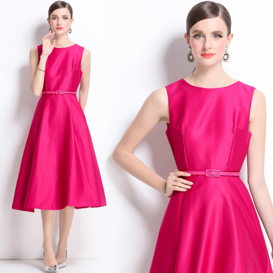 CM-DY038252 Women Elegant European Style Round Neck Sleeveless Pinched Waist Dress - Rose Red