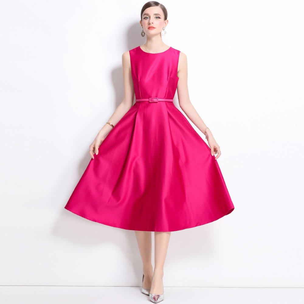 CM-DY038252 Women Elegant European Style Round Neck Sleeveless Pinched Waist Dress - Rose Red