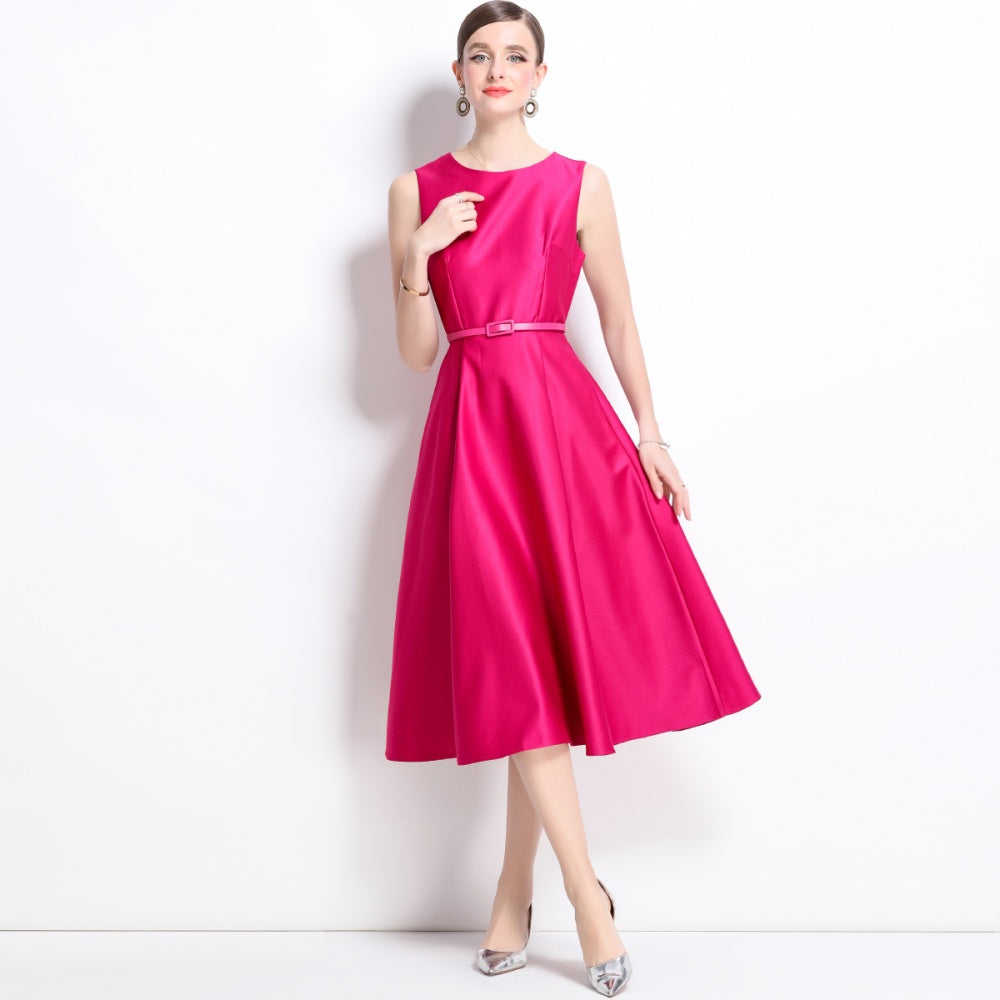 CM-DY038252 Women Elegant European Style Round Neck Sleeveless Pinched Waist Dress - Rose Red