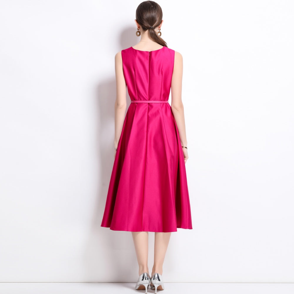CM-DY038252 Women Elegant European Style Round Neck Sleeveless Pinched Waist Dress - Rose Red