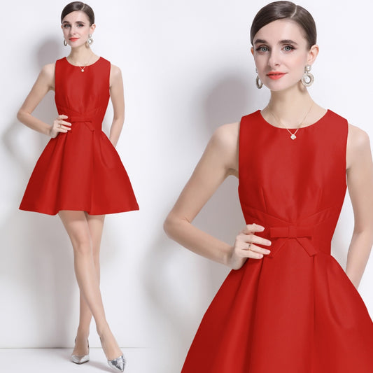 CM-DY038255 Women Elegant European Style Satin Round Neck Sleeveless Slim Mini Dress - Red