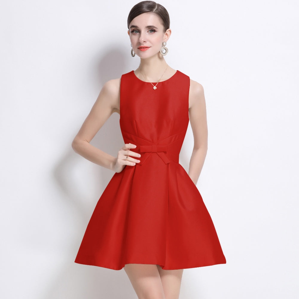 CM-DY038255 Women Elegant European Style Satin Round Neck Sleeveless Slim Mini Dress - Red