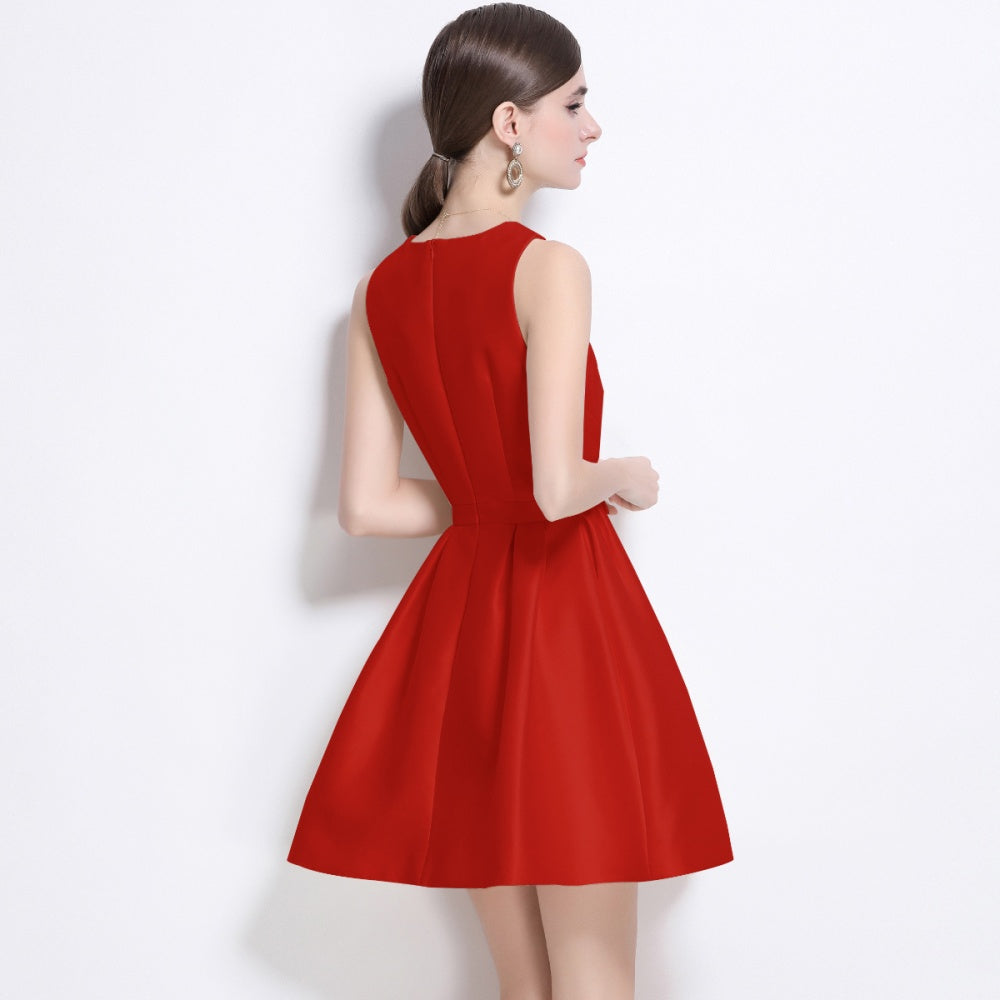 CM-DY038255 Women Elegant European Style Satin Round Neck Sleeveless Slim Mini Dress - Red