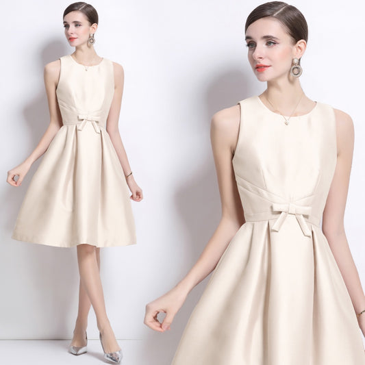 CM-DY038256 Women Elegant European Style Satin Round Neck Sleeveless Slim Short Dress - Apricot