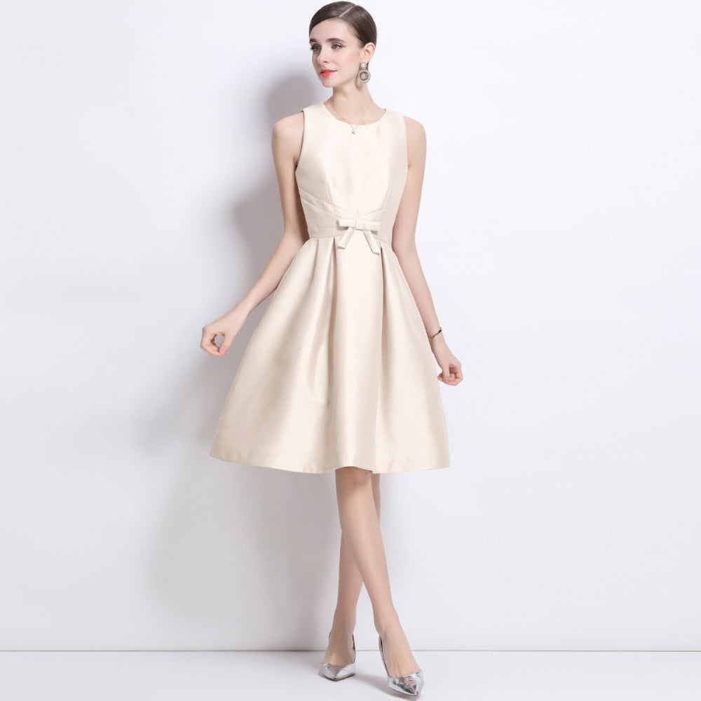 CM-DY038256 Women Elegant European Style Satin Round Neck Sleeveless Slim Short Dress - Apricot