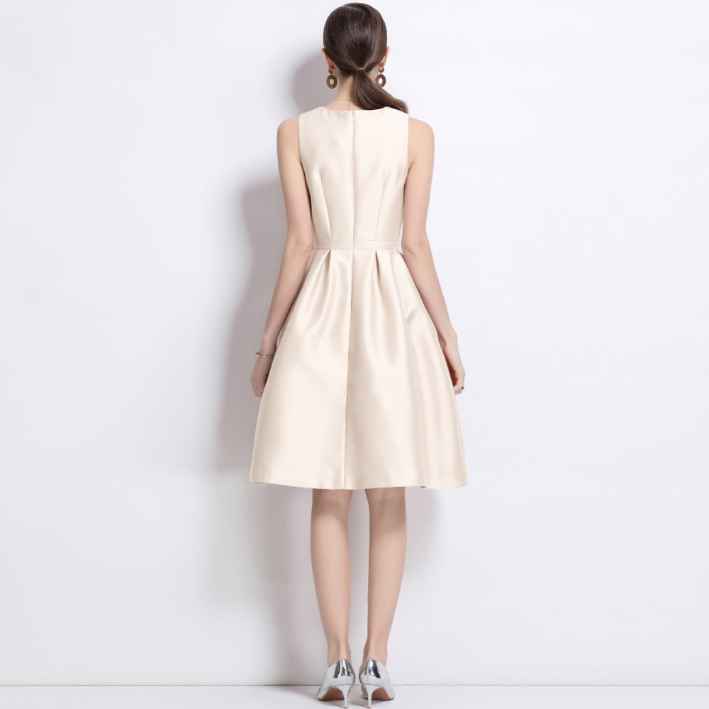 CM-DY038256 Women Elegant European Style Satin Round Neck Sleeveless Slim Short Dress - Apricot