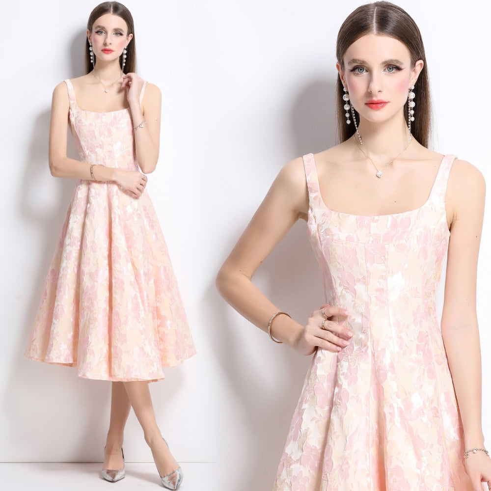 CM-DY038257 Women Elegant European Style Jacquard Square Neck Sleeveless Slim Dress - Pink