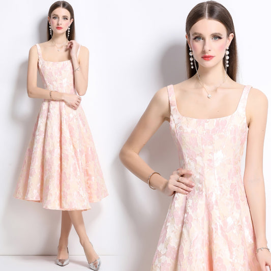 CM-DY038257 Women Elegant European Style Jacquard Square Neck Sleeveless Slim Dress - Pink