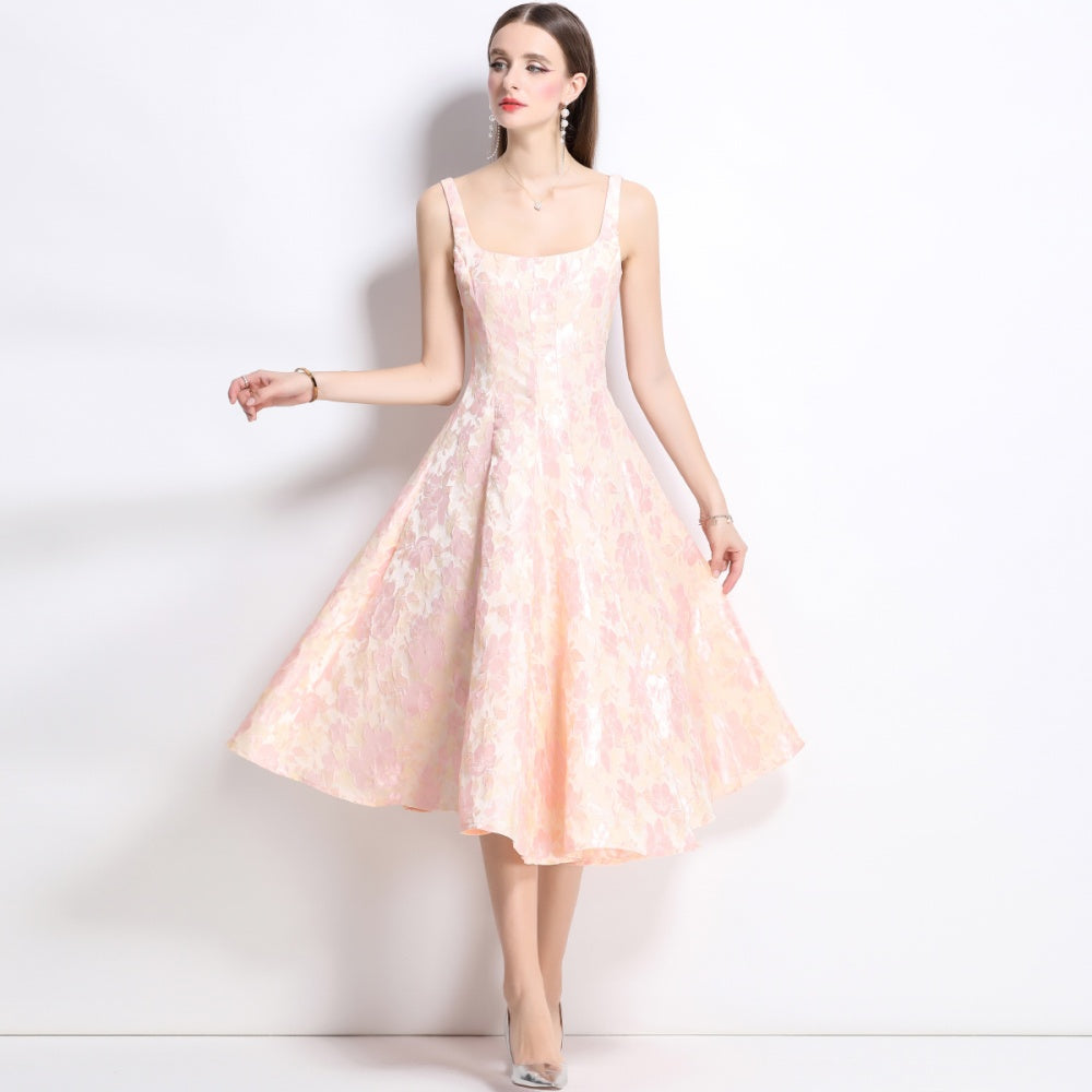 CM-DY038257 Women Elegant European Style Jacquard Square Neck Sleeveless Slim Dress - Pink