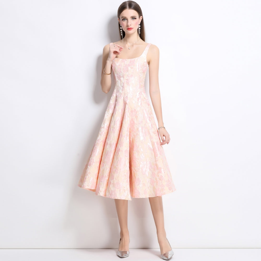CM-DY038257 Women Elegant European Style Jacquard Square Neck Sleeveless Slim Dress - Pink