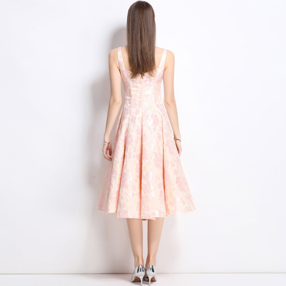 CM-DY038257 Women Elegant European Style Jacquard Square Neck Sleeveless Slim Dress - Pink