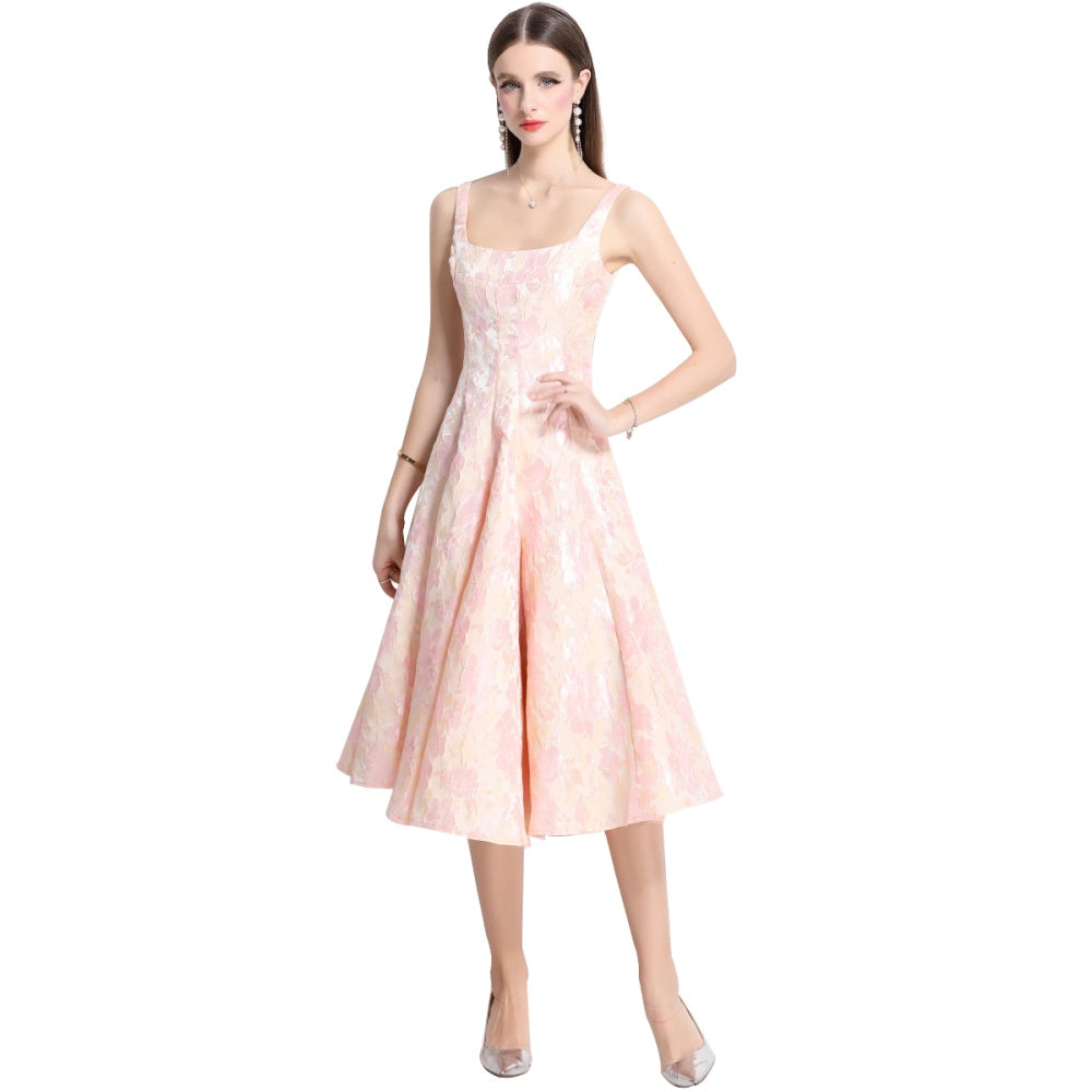 CM-DY038257 Women Elegant European Style Jacquard Square Neck Sleeveless Slim Dress - Pink