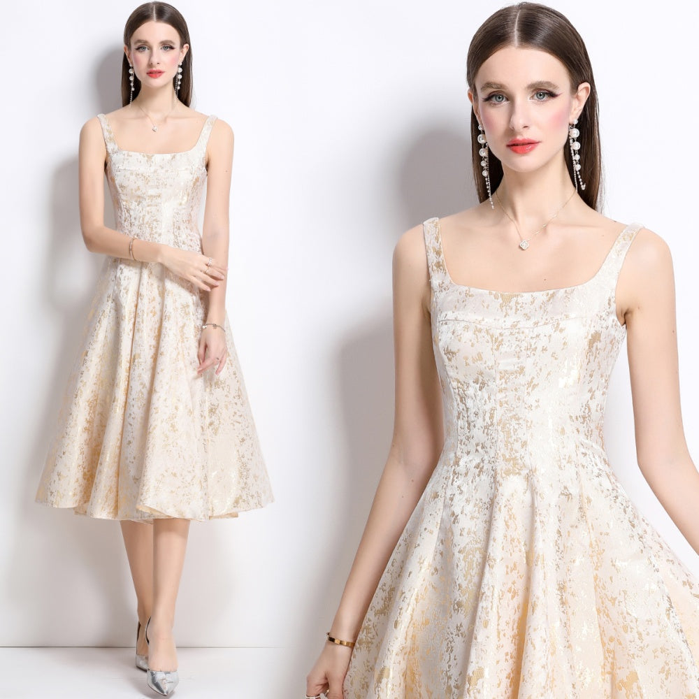 CM-DY038258 Women Elegant European Style Jacquard Square Neck Sleeveless Slim Dress - Apricot