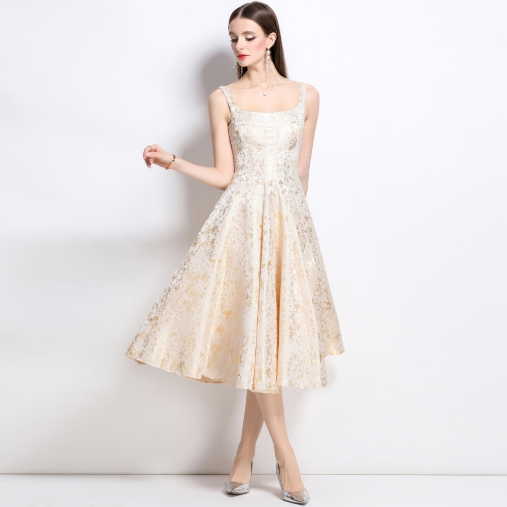 CM-DY038258 Women Elegant European Style Jacquard Square Neck Sleeveless Slim Dress - Apricot