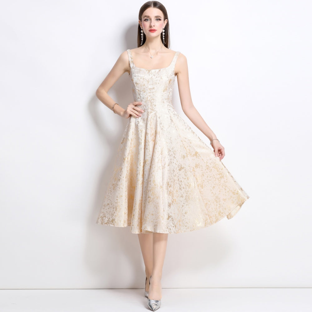 CM-DY038258 Women Elegant European Style Jacquard Square Neck Sleeveless Slim Dress - Apricot