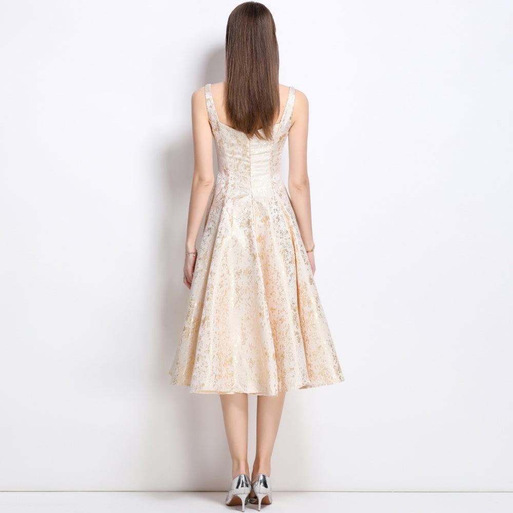 CM-DY038258 Women Elegant European Style Jacquard Square Neck Sleeveless Slim Dress - Apricot