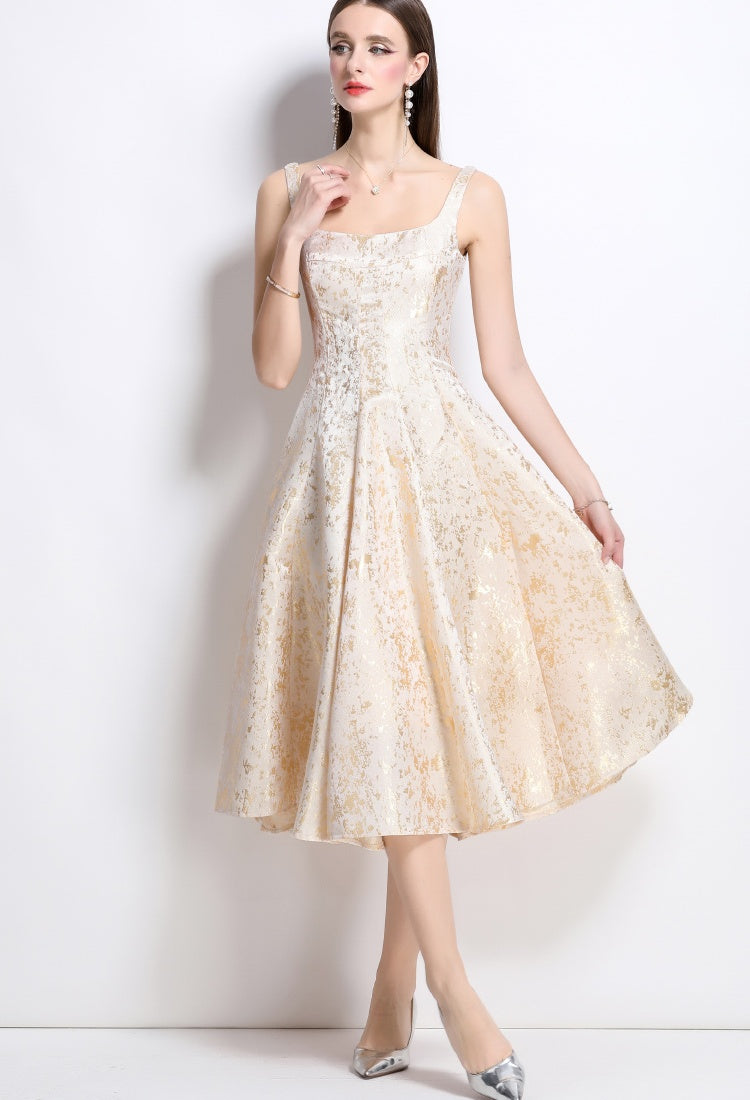 CM-DY038258 Women Elegant European Style Jacquard Square Neck Sleeveless Slim Dress - Apricot