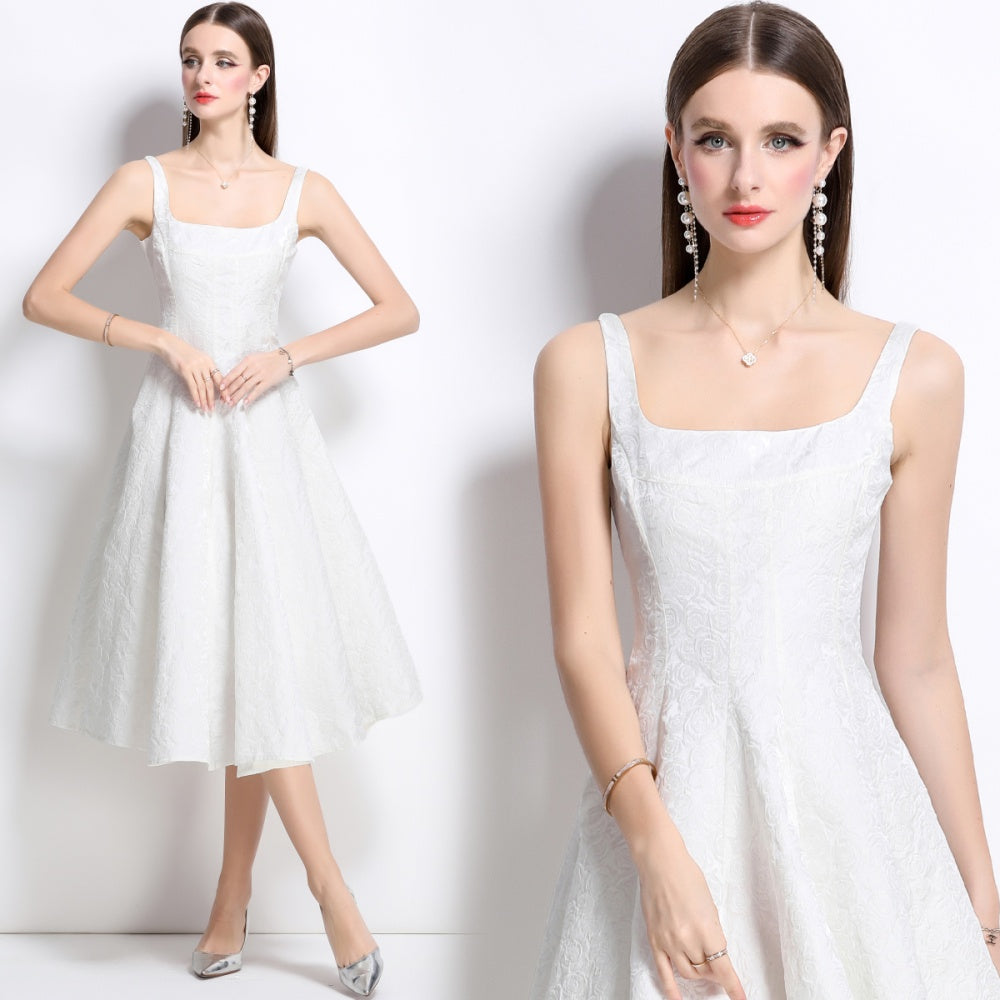 CM-DY038259 Women Elegant European Style Jacquard Square Neck Sleeveless Slim Dress - White