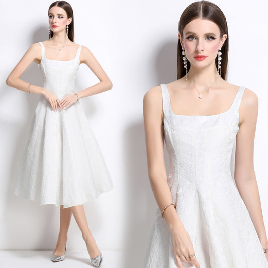 CM-DY038259 Women Elegant European Style Jacquard Square Neck Sleeveless Slim Dress - White