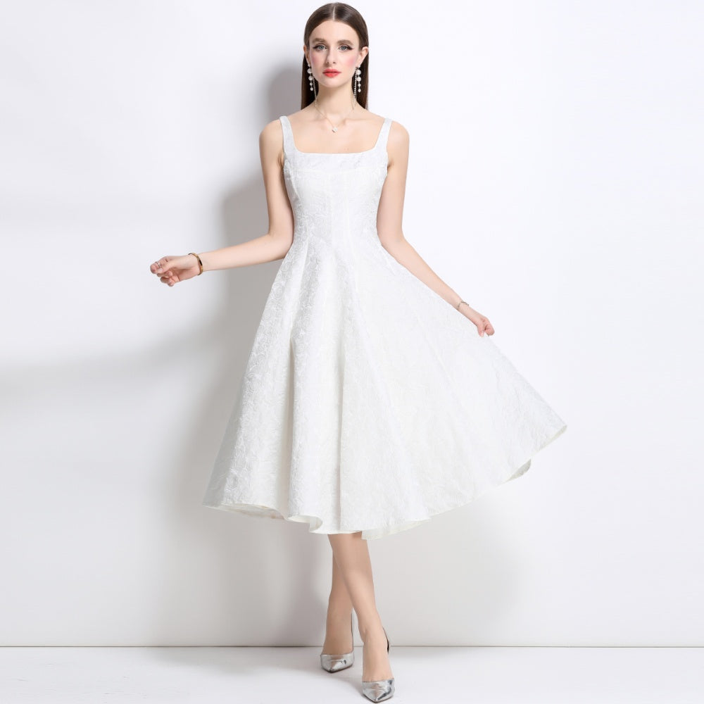 CM-DY038259 Women Elegant European Style Jacquard Square Neck Sleeveless Slim Dress - White