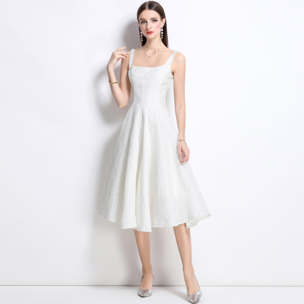 CM-DY038259 Women Elegant European Style Jacquard Square Neck Sleeveless Slim Dress - White