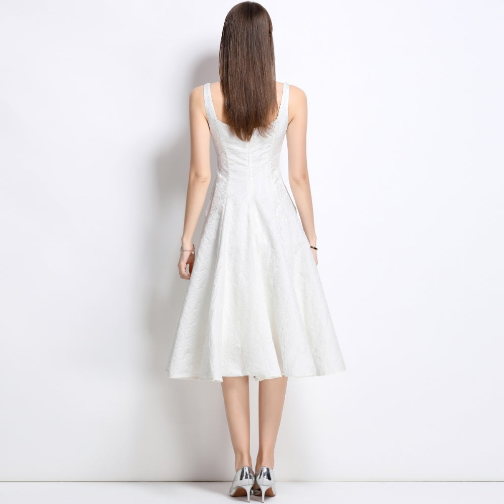 CM-DY038259 Women Elegant European Style Jacquard Square Neck Sleeveless Slim Dress - White