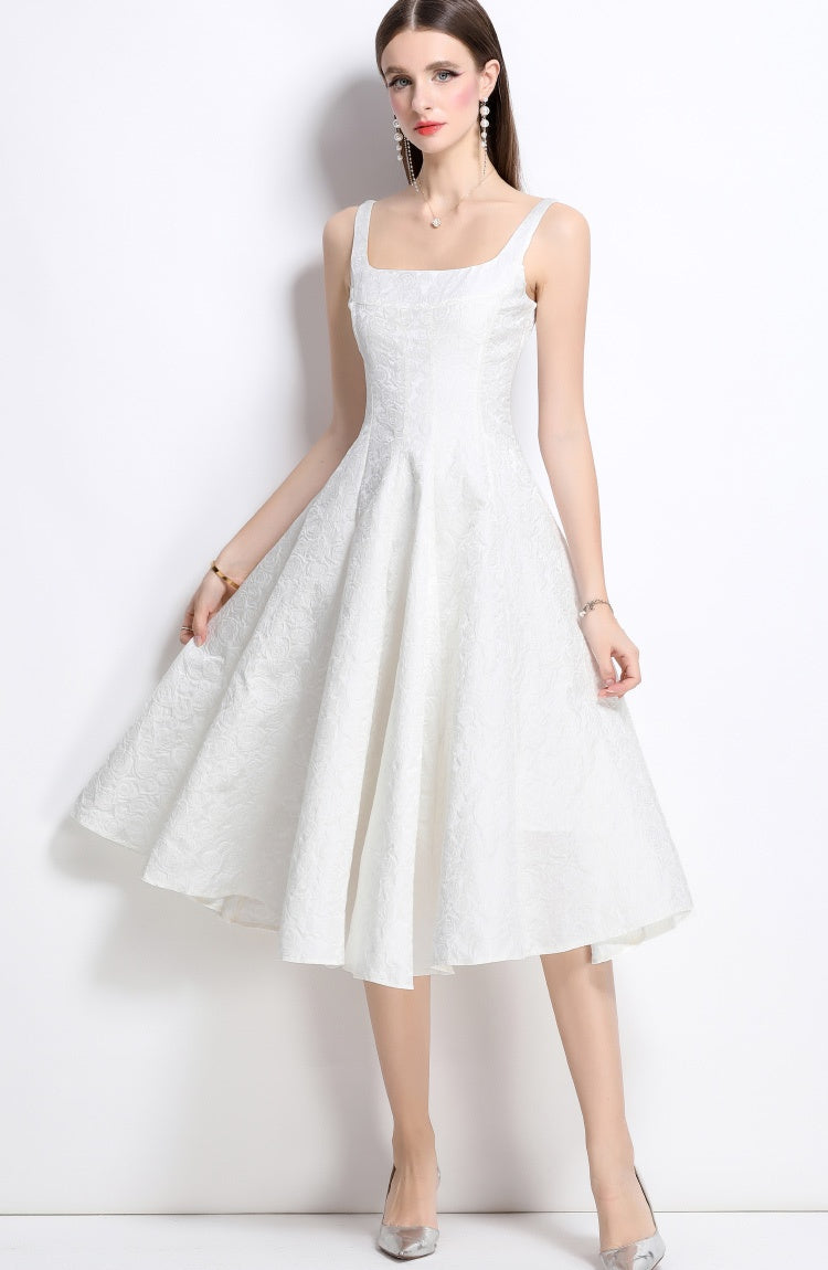 CM-DY038259 Women Elegant European Style Jacquard Square Neck Sleeveless Slim Dress - White