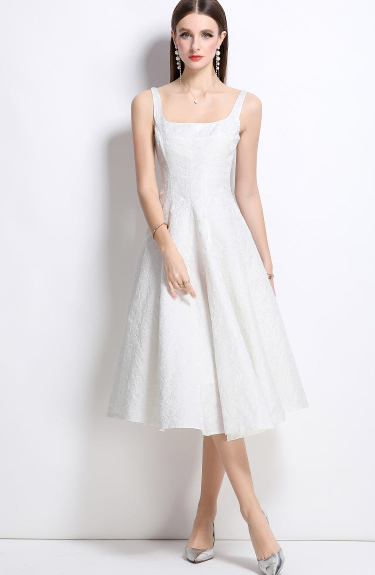 CM-DY038259 Women Elegant European Style Jacquard Square Neck Sleeveless Slim Dress - White